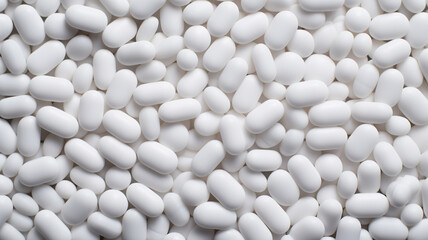 Top view a pile of white pills or tablets in different shape.