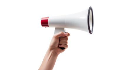 Hand holding megaphone on a white backgorund.
