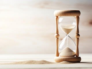 Classic wooden hourglass on wooden table. - obrazy, fototapety, plakaty