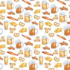 Seamless pattern with mug of beer, fish and pretzel. Watercolor beer elements on white background.