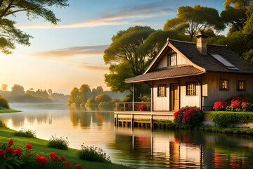 Fototapeta premium house on the river GENRATED AI