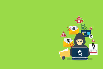 Hacker activity concept background. Flat vector concept illustration of hacker activity.
