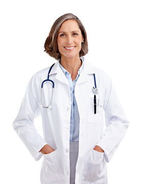 Woman, portrait and smile of doctor isolated on transparent png background for medical help, advice and consultation. Medicine, healthcare manager or mature female therapist with trust for consulting