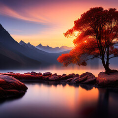 Sunset lake. 
Generative AI