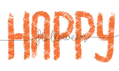 Happy Halloween hand drawn lettering. Halloween lettering one line continuous. Unique design element for halloween  Stylized sketch typography.