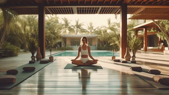 A woman exercising yoga near the pool
