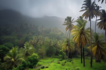 Rainy Season, Coconut Trees Against Mountain Backdrop. Generative AI