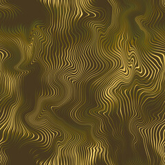 Op art illusion seamless pattern. Abstract golden metallic texture with brown wavy stripes. Moire bronze background with distorted lines. Dynamic strip ripples surface. Luxury wallpaper