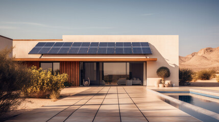 Obraz premium A modern minimalist white house in desert is comfortable and equipped with solar cells