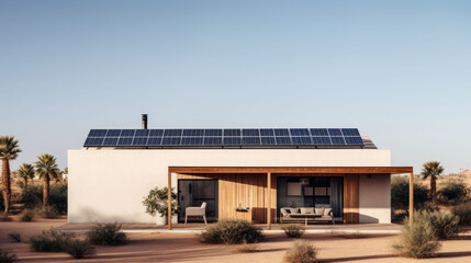 Fototapeta na wymiar A modern minimalist white house in desert is comfortable and equipped with solar cells