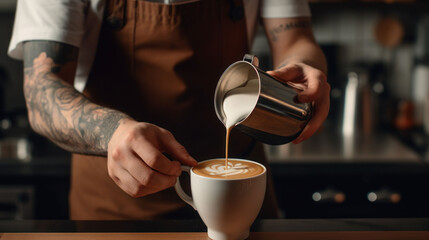 The barista male hands pouring milk and preparing fresh cappuccino - obrazy, fototapety, plakaty