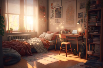 Obraz premium Comfy College Dorm Haven: Earthy Tones, Books Galore, Cozy Quilts, and Homely Vibes. A Golden Hour Escape. Generative AI