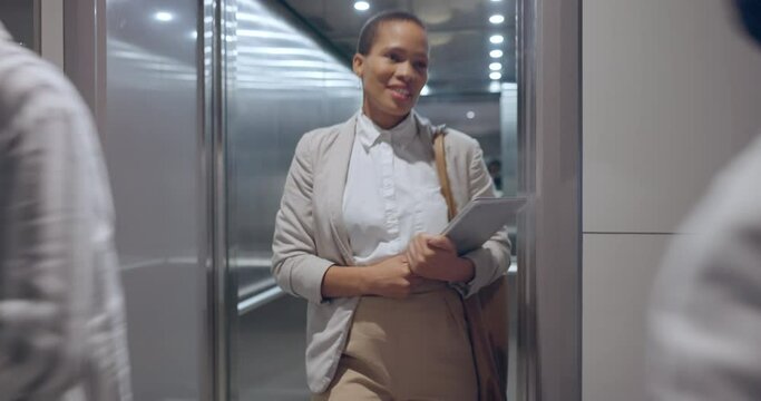 Elevator exit, door and business people busy in an office for corporate or professional work. Lift, floor and a group of employees, colleagues or coworkers in the lobby of a company workplace