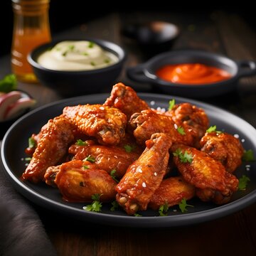 Close-up shot of a plate of delectable perfectly breaded and   crispy peri peri chicken wings with peri peri sauce and other sauces with french fries. Created with Generative AI Technology. 