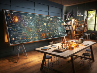 An empty science classroom with science drawings on chalboard.