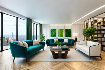 Interior of living room with green houseplants and sofas. Modern living room.