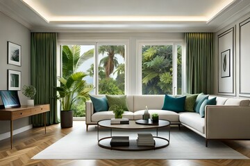 Interior of living room with green houseplants and sofas
