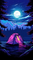 Hand-painted illustration of van Gogh camping tent under the beautiful starry sky
