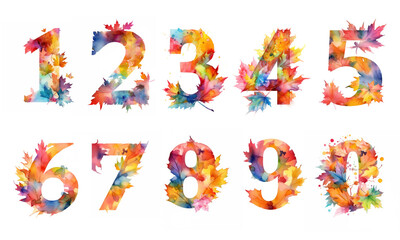 Watercolor cute numbers with autumn maple leaves. Yellow, orange, red, brown, blue colors. Number: 0, 1, 2, 3, 4, 5, 6, 7, 8, 9 .