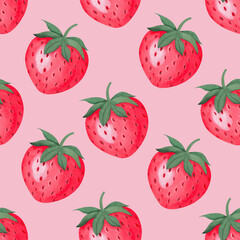 watercolor red strawberries seamless pattern on pink background. Design for textile, fabric, wrapping paper.design scrap book paper, invitations and other