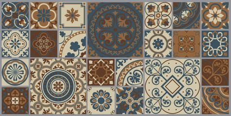 Mediterranean tile abstract geometric floral patterns. Portuguese culture, in neutral colors. Vector illustration