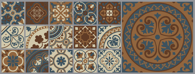 Spanish tiles interior, kitchen mosaic Portuguese motifs. Decoration tiles in neutral tones, mediterranean mexican floral interior vector elements