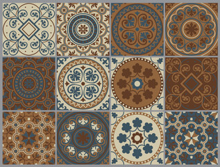 Neutral mandala tile and flooring set. Patchwork for wallpaper. Portuguese traditional mosaic. Spanish majolica tile pattern. Geometric florals. Vector illustration