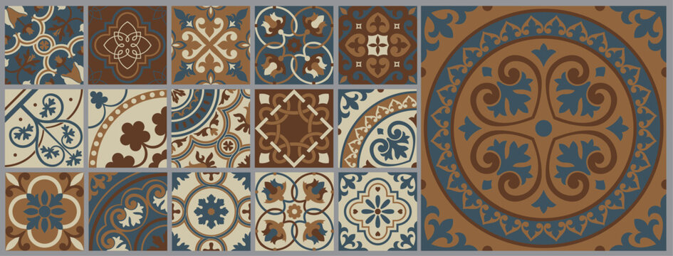 Naklejka Spanish tiles interior, kitchen mosaic Portuguese motifs. Decoration tiles in neutral tones, mediterranean mexican floral interior vector elements