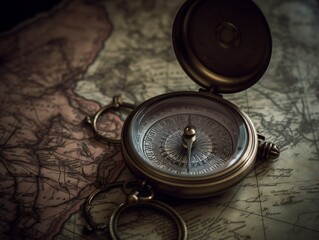 Fototapeta na wymiar A close-up shot of a compass on a vintage map generative ai