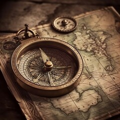 Fototapeta na wymiar A close-up shot of a compass on a vintage map generative ai