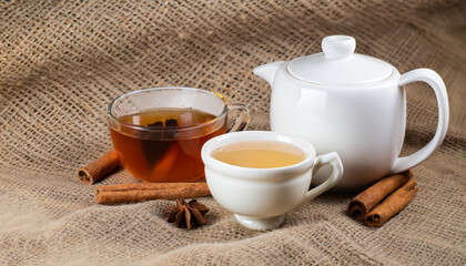 Cup of tea and cinnamon on sacking. Tea with a scent of cinnamon in brown tones. Tea in white dishes and brown cinnamon sticks create contrast. Laconic composition with tea on burlap.