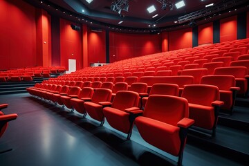 Chic conference hall furnished with sleek red armchairs