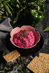 beetroot hummus in a bowl