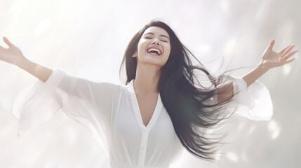 Naklejka premium Pretty lady in white Hyper Realistic dress exudes happiness, raising her arms with a relaxed smile, showcasing her happy emotion on a white backdrop. Generative AI