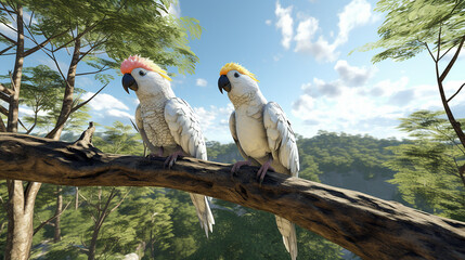 Cockatiel parrot on a Branch playing fun, happy virtual reality forest. ,generative AI