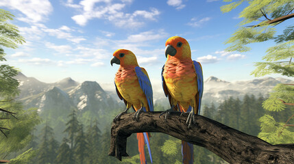 Macaw  on a Branch playing fun, happy ultra detail virtual reality forest.,generative AI