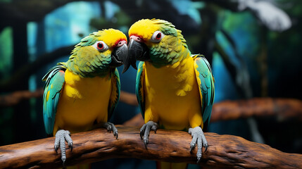 Macaw  on a Branch playing fun, happy ultra detail virtual reality forest.,generative AI