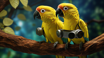 Macaw  on a Branch playing fun, happy ultra detail virtual reality forest.,generative AI