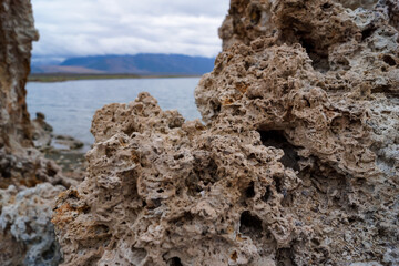 Scenic view of South Tufa rock formations at Mono Lake, near Lee Vining, Mono County, California, USA. Unique saline soda lake in Mono Basin, Sierra Nevada. Calcium carbonate minerals. Overcast