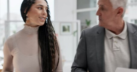 Business people, tablet and meeting, collaboration and discussion, data analyst and digital information. Touchscreen gadget, analysis and team check online work, senior man and woman in workplace - Powered by Adobe