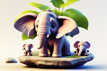 Cute 3D elephant sitting on a rock, 3D cartoon character, generated by AI