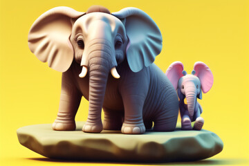 Cute 3D elephant sitting on a rock, 3D cartoon character, generated by AI