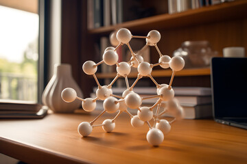 A molecule model on a desk in a classroom  - obrazy, fototapety, plakaty