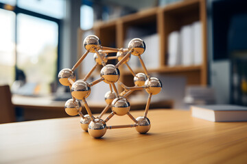 A molecule model on a desk in a classroom 