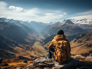 Fototapeta na wymiar A backpacker taking a break and enjoying the view from a mountaintop generative ai