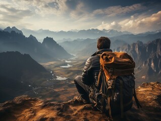Obraz premium A backpacker taking a break and enjoying the view from a mountaintop generative ai