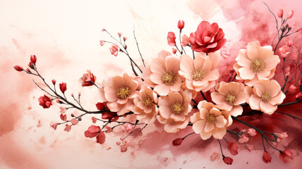 Romantic Floral Art Soft and Blended Watercolor Wash of Pink Flowers Pink Roses and Cherry Blossom AI Generative