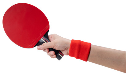 Sports equipment, Woman Hand holding Red ping pong racket on white background or Black table tennis...