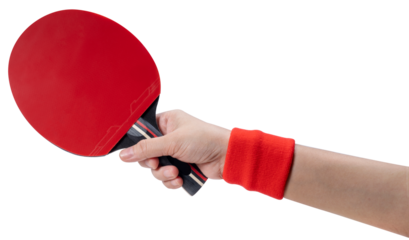 Sports equipment, Woman Hand holding Red ping pong racket on white background or Black table tennis racket isolate on white PNG File.