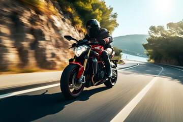 A motorcycle rider speeding on a mountain road - obrazy, fototapety, plakaty